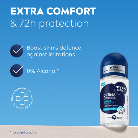 NIVEA Mens Derma Control Roll-On Antiperspirant Deodorant 50ml 72H