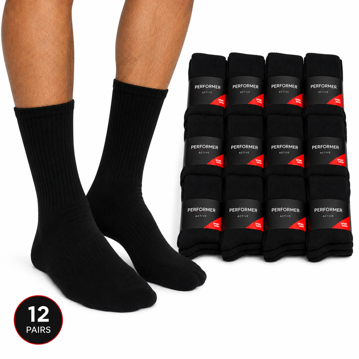12x Mens Cotton Crew Socks for Everyday/Sports Bulk Pack in Black