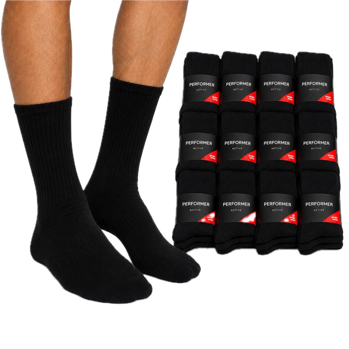 12x Mens Cotton Crew Socks for Everyday/Sports Bulk Pack in Black