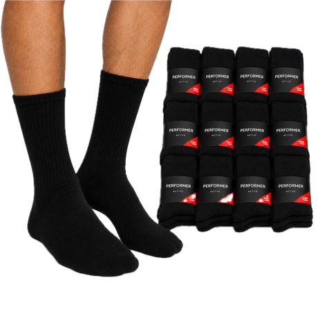 12x Mens Cotton Crew Socks - Black (For Everyday/Sports Bulk Pack)