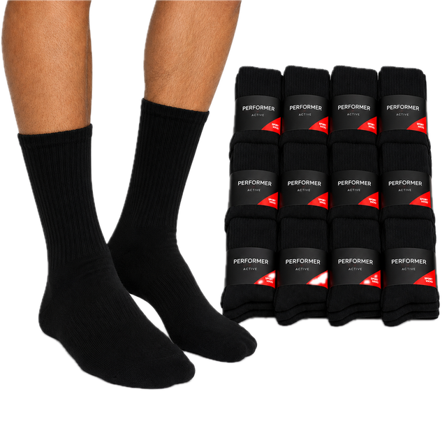 12x Mens Cotton Crew Socks for Everyday/Sports Bulk Pack in Black