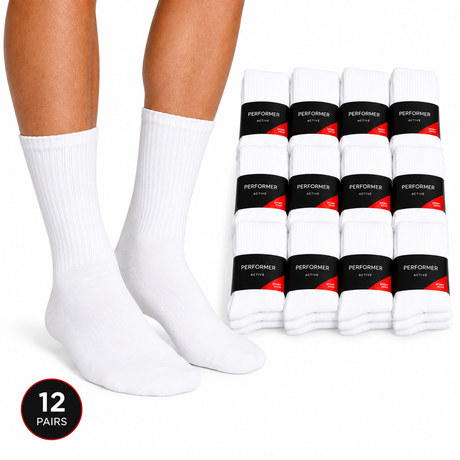 12x Mens Cotton Crew Socks - White (For Everyday/Sports Bulk Pack)
