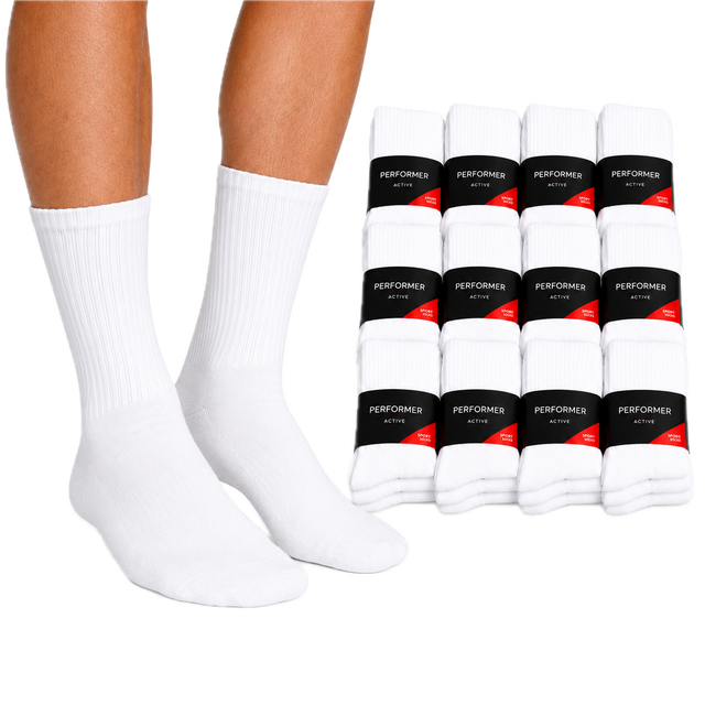 12x Mens Cotton Crew Socks for Everyday/Sports Bulk Pack in White