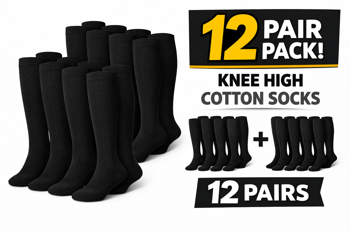12 Pairs Plain Knee High Cotton Unisex Socks in Black Size 2-8 - Bulk