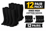 12 Pairs Plain Knee High Cotton Unisex Socks in Black Size 2-8 - Bulk
