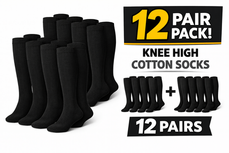 12 Pairs Plain Knee High Cotton Unisex Socks in Black Size 2-8 - Bulk