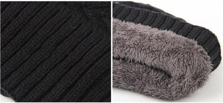 Winter Ribbed Knitted Hat Men Women Warm Thick Beanie Fleece Ski Cap Outdoor Thermal - Black