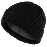 Winter Ribbed Knitted Hat Men Women Warm Thick Beanie Fleece Ski Cap Outdoor Thermal - Black