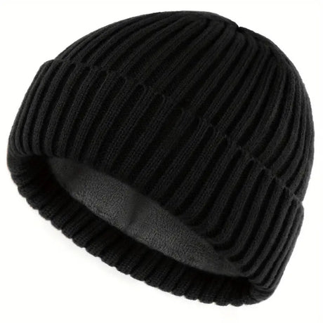 Winter Ribbed Knitted Hat Men Women Warm Thick Beanie Fleece Ski Cap Outdoor Thermal - Black
