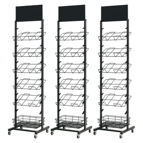 3x 12 Tier Placemat Display Rack Pack - Brochure/Magazine/Newspaper Storage Stand on Wheels (Black Frame)