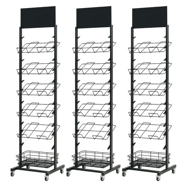 3x 12 Tier Placemat Display Rack Pack - Brochure/Magazine/Newspaper Storage Stand on Wheels (Black Frame)
