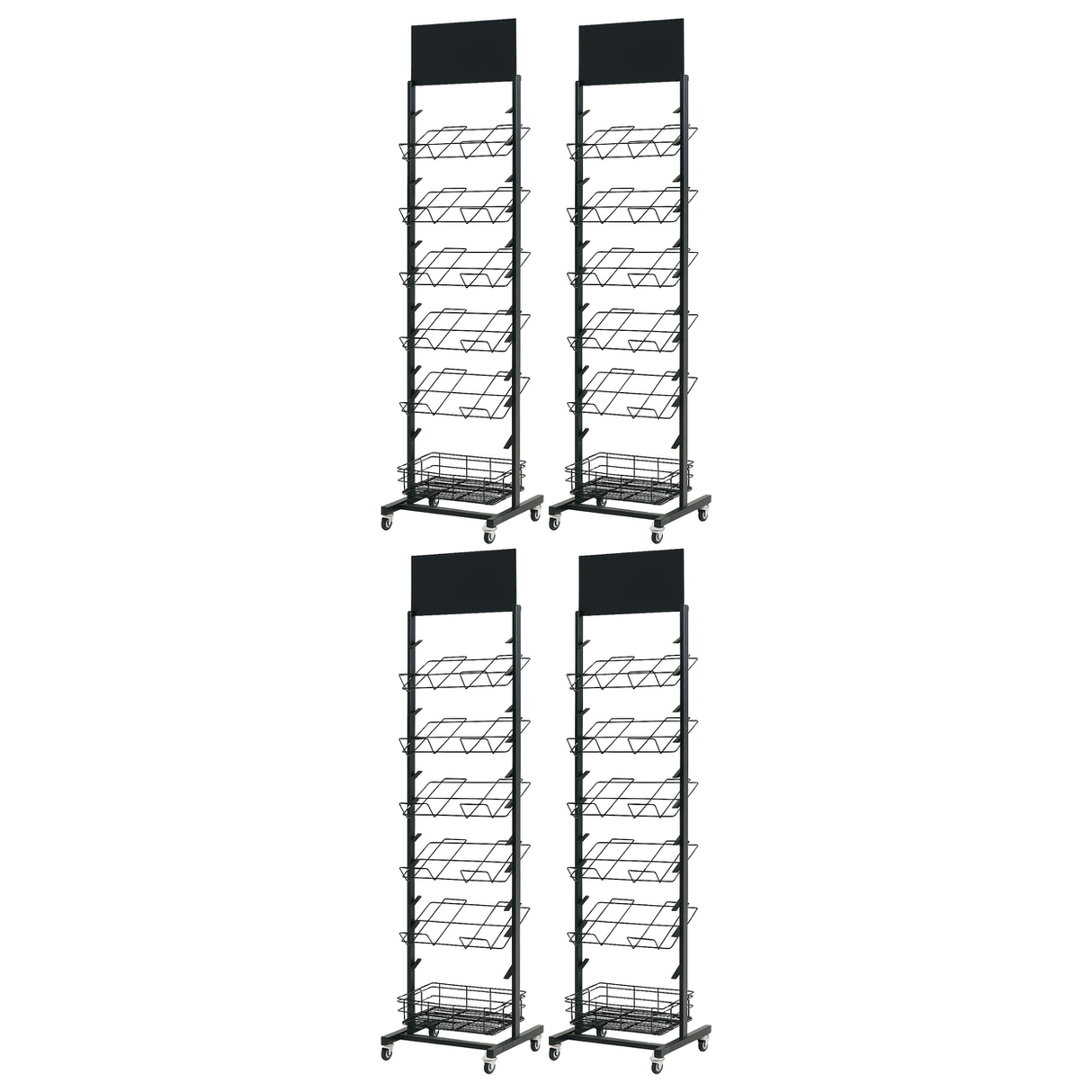 4x 12 Tier Placemat Display Rack Bulk Pack - Brochure/Magazine/Newspaper Storage Stand on Wheels (Black Frame)