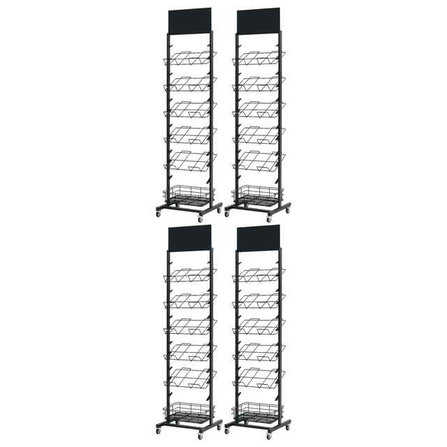4x 12 Tier Placemat Display Rack Bulk Pack - Brochure/Magazine/Newspaper Storage Stand on Wheels (Black Frame)