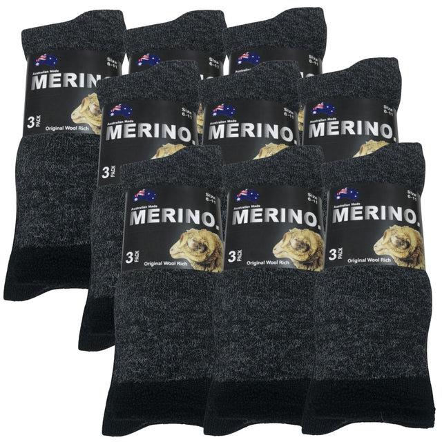 9 Pairs MERINO WOOL SOCKS Mens Heavy Duty Premium Thick Work Socks Cushion in Charcoal