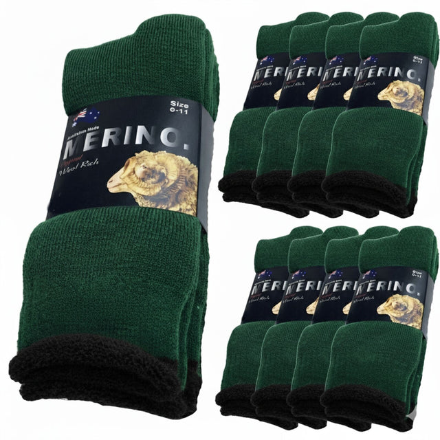 9 Pairs MERINO WOOL SOCKS Mens Heavy Duty Premium Thick Work Socks Cushion in Green