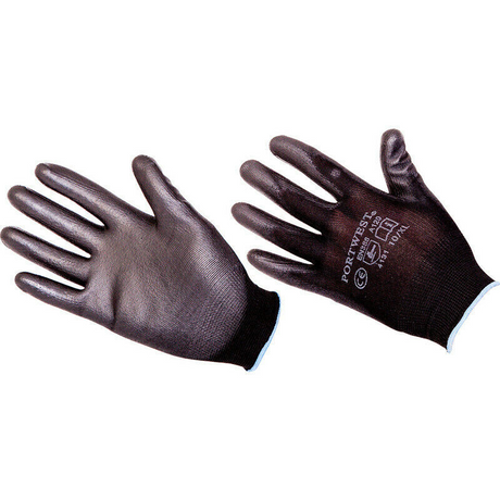 Portwest PU Palm Coated Safety Work Gloves - Black (Breathable for Gardening/Builders)