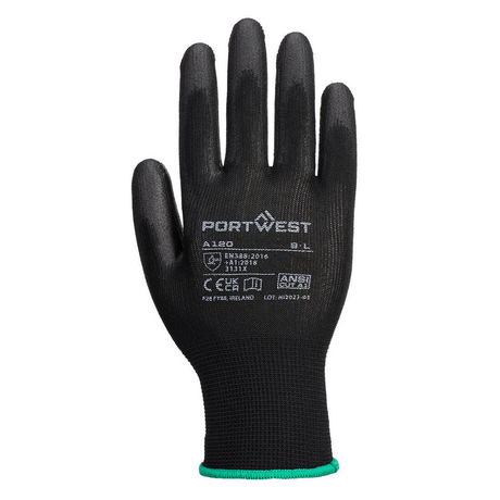 Portwest PU Palm Coated Safety Work Gloves - Black (Breathable for Gardening/Builders)
