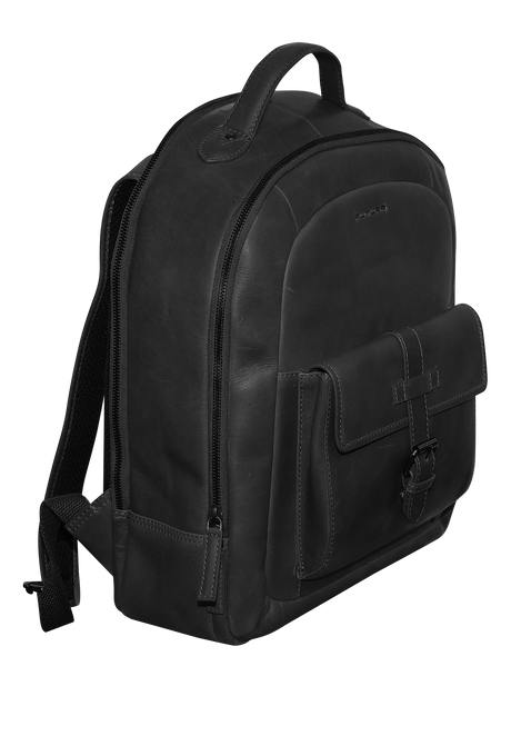 Futura Mens Leather Laptop Backpack - Black (School/Work Bag w/ Front Pocket)
