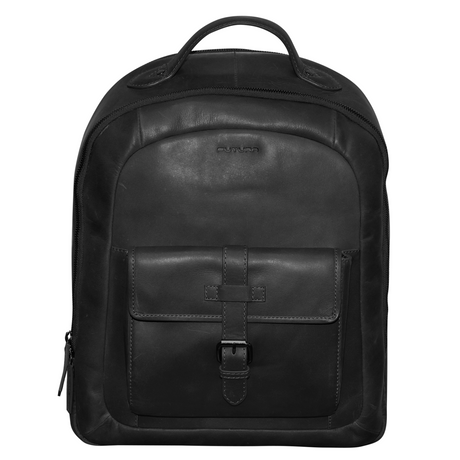Futura Mens Leather Laptop Backpack - Black (School/Work Bag w/ Front Pocket)