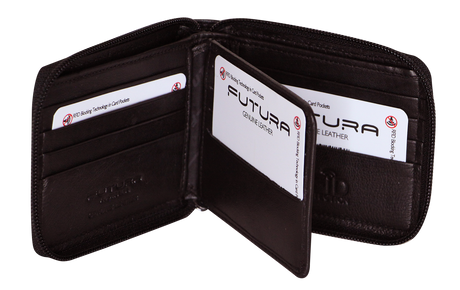 Futura Mens RFID Zip Around Leather Wallet - Black (Extra Card Slots)