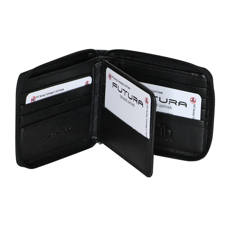 Futura Mens RFID Zip Around Leather Wallet - Black (Extra Card Slots)