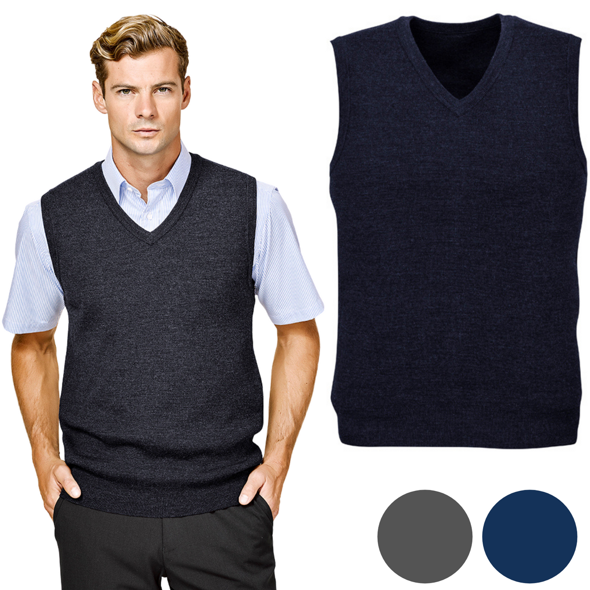 Mens Wool Blend V Neck Vest Sleeveless Double Knit - Navy