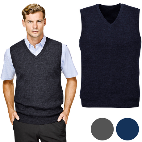Mens Wool Blend V Neck Vest Sleeveless Double Knit - Navy