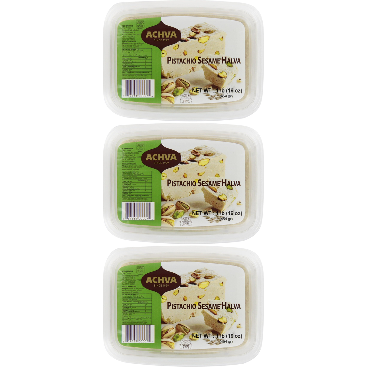 3x 454g Achva Sesame Halva with Pistachio (Kosher Parve) - Product of Israel (Bulk Pack)
