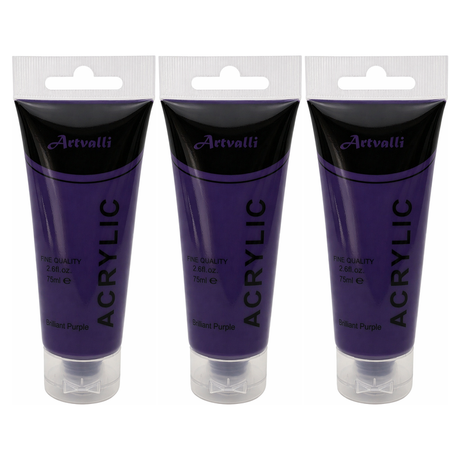 3x Artvalli Artists Acrylic Paint Bulk Pack - Brilliant Purple 75ml Tube (Water Based & Non Toxic)