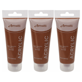 3x Artvalli Artists Acrylic Paint Bulk Pack - Burnt Sienna 75ml Tube (Water Based & Non Toxic)