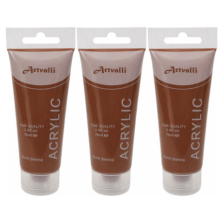 3x Artvalli Artists Acrylic Paint Bulk Pack - Burnt Sienna 75ml Tube (Water Based & Non Toxic)