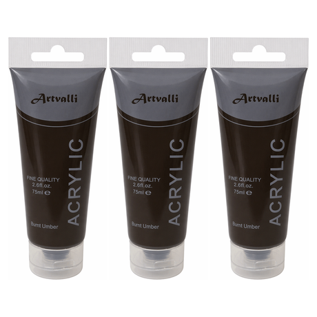 3x Artvalli Artists Acrylic Paint Bulk Pack - Burnt Umber 75ml Tube (Water Based & Non Toxic)