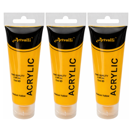 3x Artvalli Artists Acrylic Paint Bulk Pack - Medium Yellow 75ml Tube (Water Based & Non Toxic)