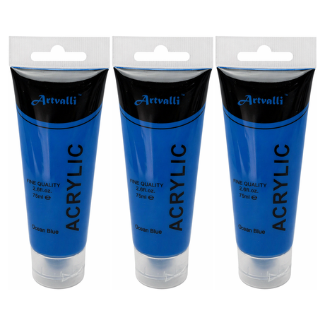 3x Artvalli Artists Acrylic Paint Bulk Pack - Ocean Blue 75ml Tube (Water Based & Non Toxic)