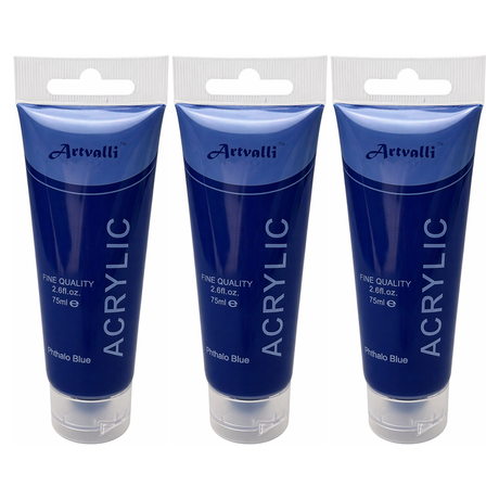 3x Artvalli Artists Acrylic Paint Bulk Pack - Phthalo Blue 75ml Tube (Water Based & Non Toxic)