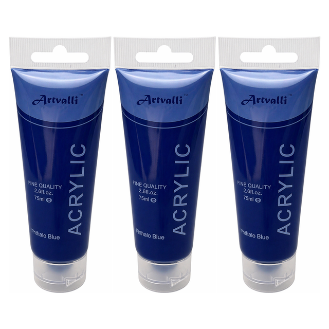 3x Artvalli Artists Acrylic Paint Bulk Pack - Phthalo Blue 75ml Tube (Water Based & Non Toxic)