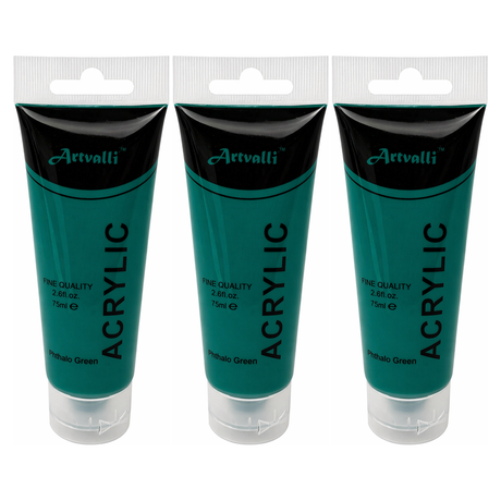 3x Artvalli Artists Acrylic Paint Bulk Pack - Phthalo Green 75ml Tube (Water Based & Non Toxic)