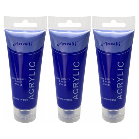 3x Artvalli Artists Acrylic Paint Bulk Pack - Ultramarine Blue 75ml Tube (Water Based & Non Toxic)