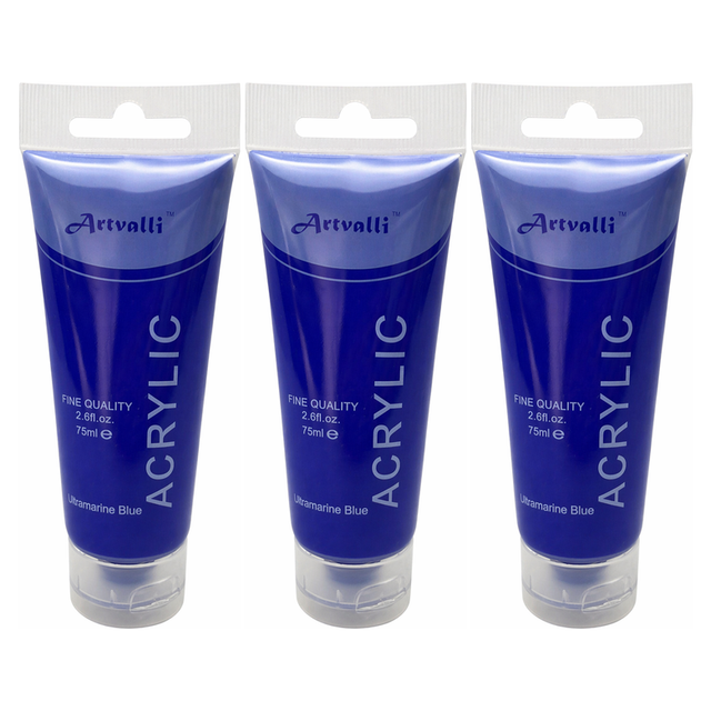 3x Artvalli Artists Acrylic Paint Bulk Pack - Ultramarine Blue 75ml Tube (Water Based & Non Toxic)