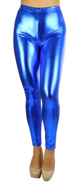 Adult Metallic Leggings Shiny Neon Stretch Dance Costume Fancy Dress Pants in Blue
