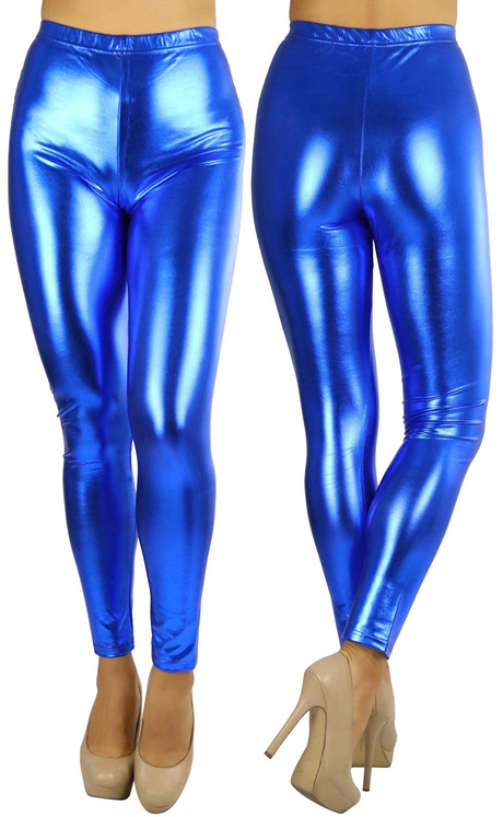 Adult Metallic Leggings Shiny Neon Stretch Dance Costume Fancy Dress Pants in Blue - M/L