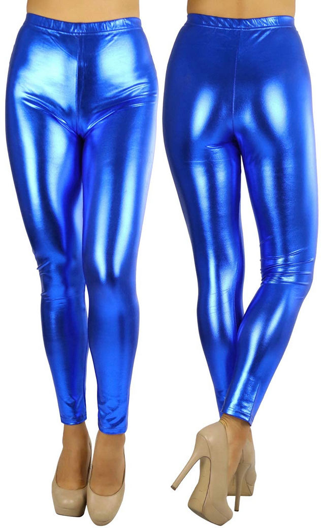 Adult Metallic Leggings Shiny Neon Stretch Dance Costume Fancy Dress Pants in Blue - M/L