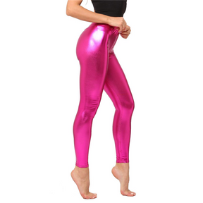 Adult Hot Pink Metallic Leggings - Shiny Neon Pants for Dance Costume/80s Retro Party