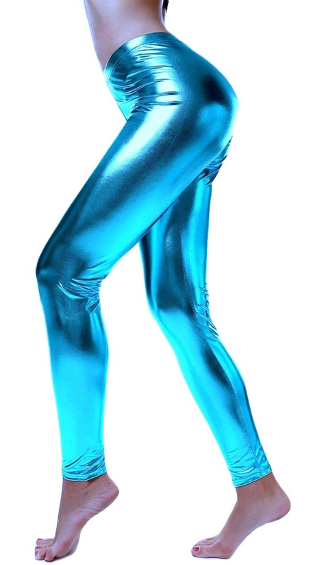 Adult Metallic Leggings Shiny Neon Stretch Dance Costume Fancy Dress Pants in Light Blue