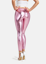 Adult Metallic Leggings Shiny Neon Stretch Dance Costume Fancy Dress Pants in Pink