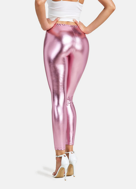 Adult Metallic Leggings Shiny Neon Stretch Dance Costume Fancy Dress Pants in Pink