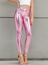 Adult Metallic Leggings Shiny Neon Stretch Dance Costume Fancy Dress Pants in Pink