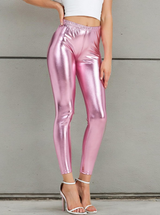 Adult Pink Metallic Leggings - Shiny Neon Pants for Dance Costume/80s Retro Party