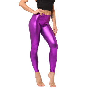 Adult Purple Metallic Leggings - Shiny Neon Pants for Dance Costume/80s Retro Party