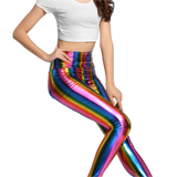 Adult Rainbow Metallic Leggings - Shiny Neon Pants for Dance Costume/80s Retro Party